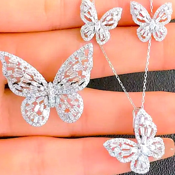 Platinum Butterfly Matching Zircon Necklace Earrings Ring Silver Set - Picture 3 of 11
